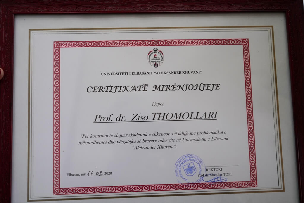 Universiteti i Elbasanit i jep “Certifikatë Mirënjohje” prof. dr. Ziso Thomollari, Uniel