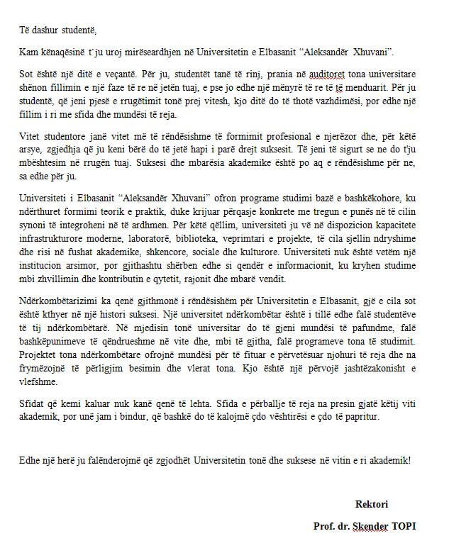Përshëndetja e Rektorit, Prof. Dr. Skender Topi me rastin e fillimit të vitit të ri akademik 2019-2020
