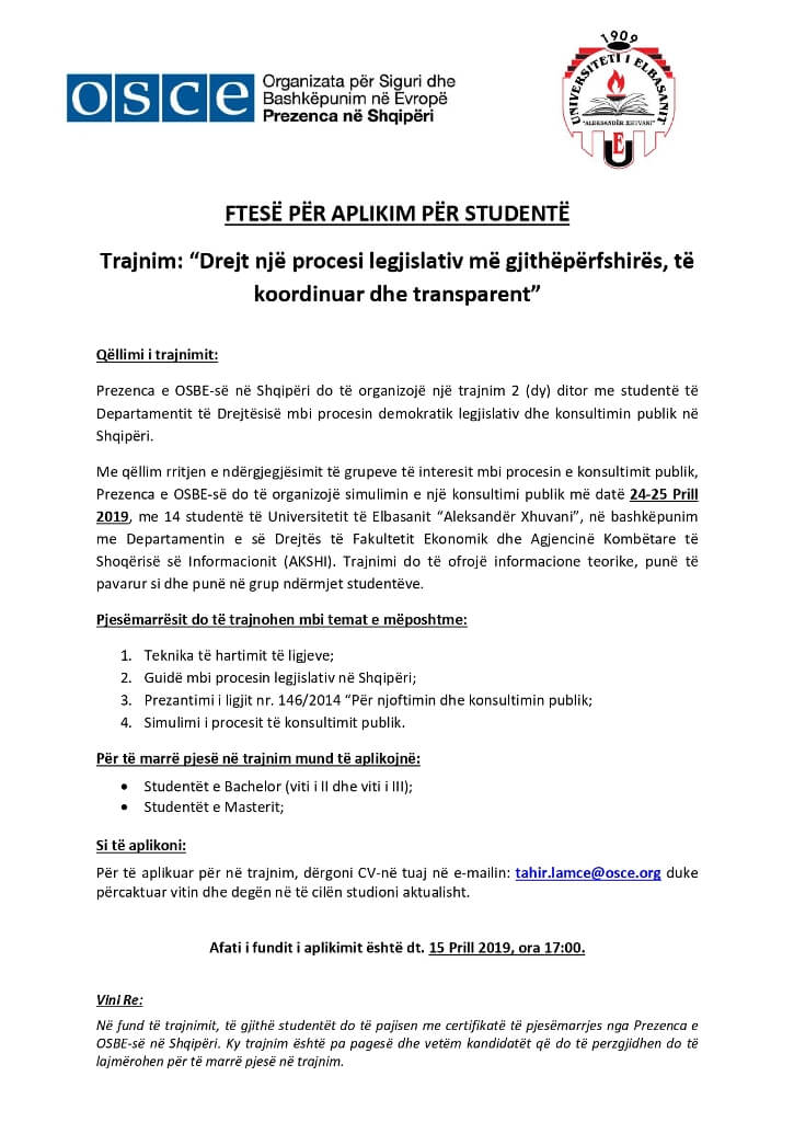 Universiteti i Elbasani/ Ftesë për aplikim për studentët në trajnimin: Drejt një procesi legjislativ më gjithëpërfshirës, të koordinuar dhe transparent